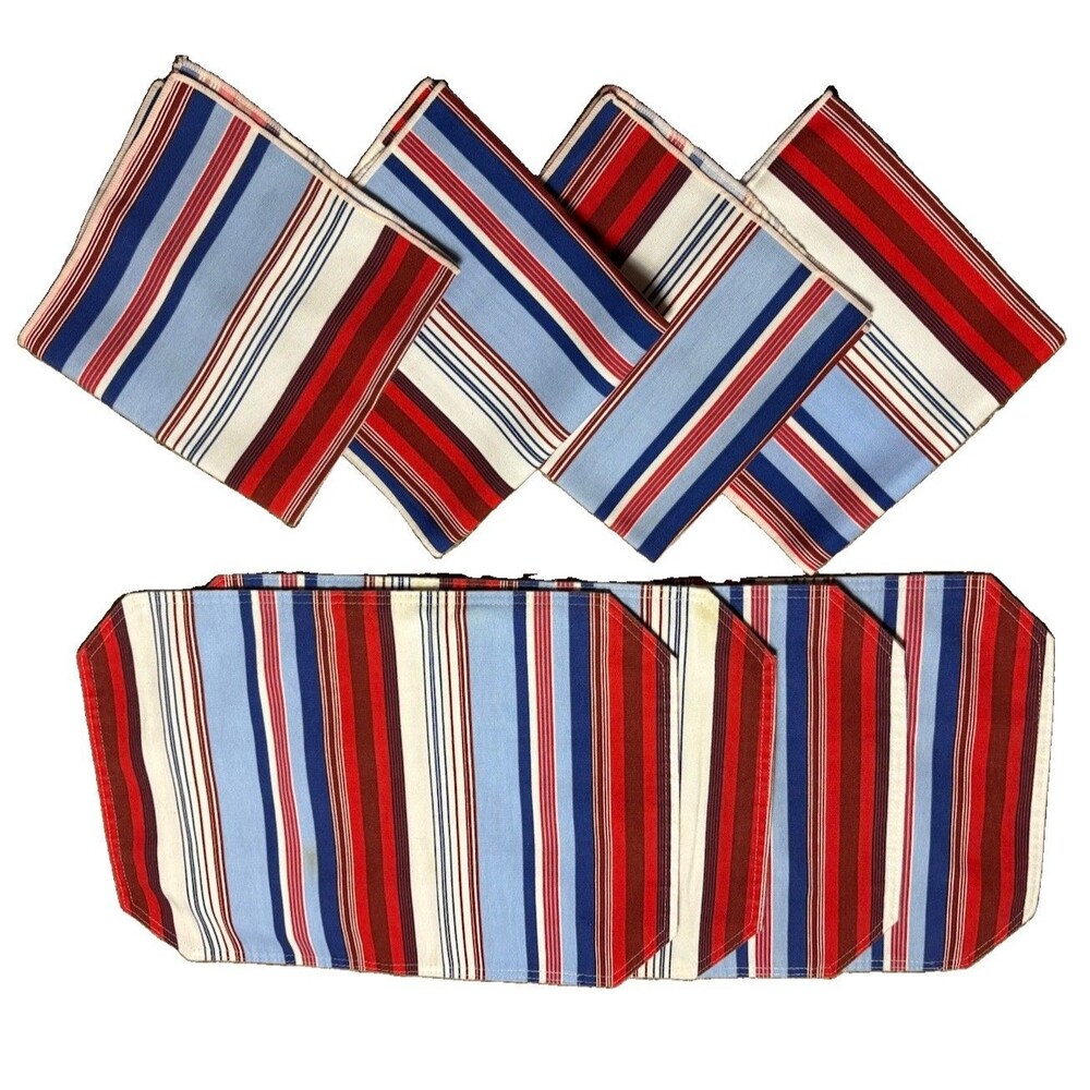 Vintage Patriotic Red White Blue Stripe Placemats Napkins Set 4 Table Linens